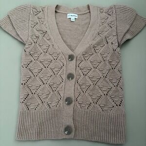The Drop Beige Diamond Lace Sht Sleeve V Neck Button Up Knit Cardigan Sweater XS